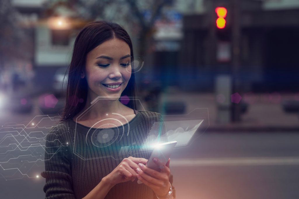 Smart city data concept. A beautiful young Asian woman is connec