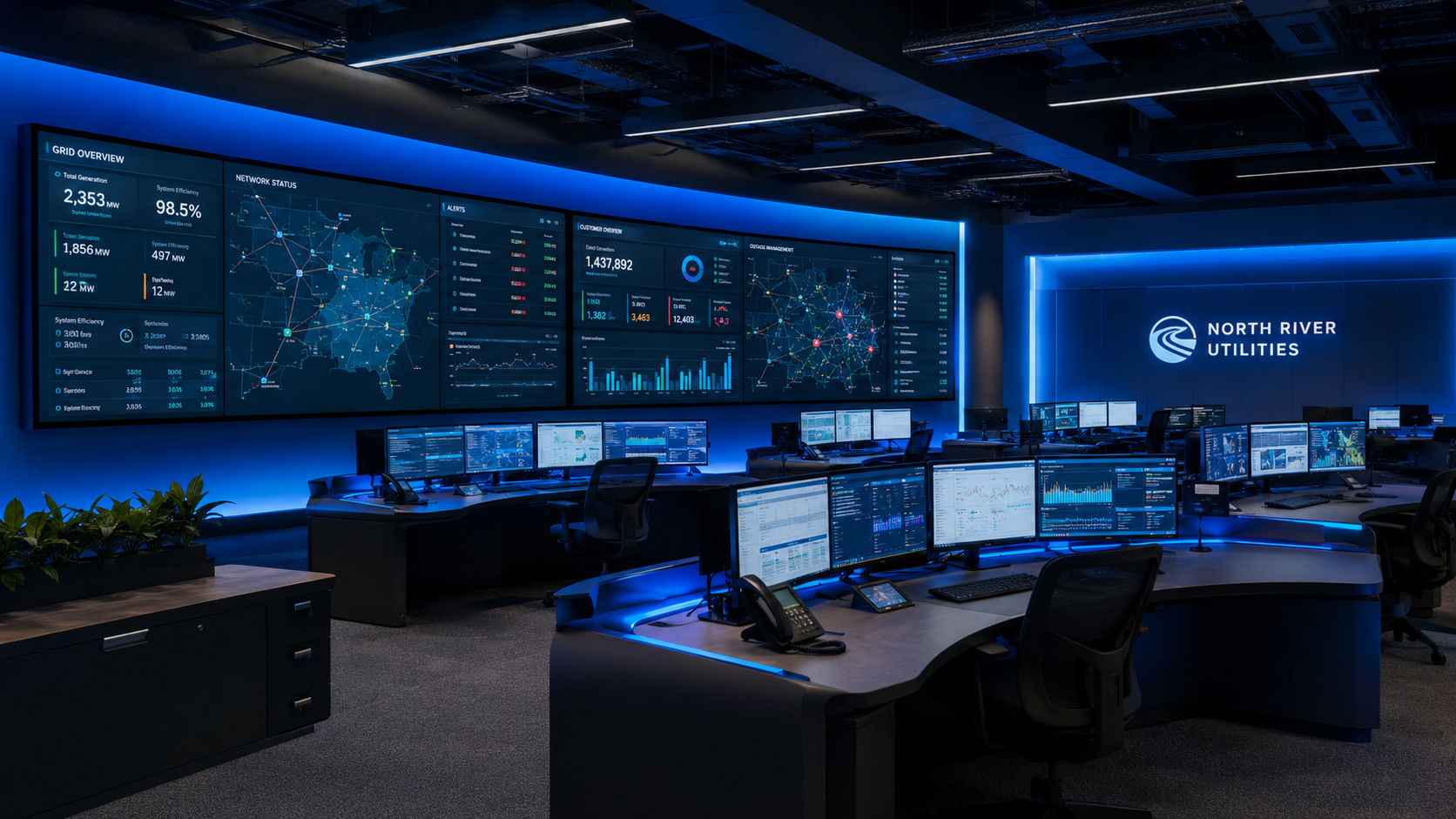 Utility control room team reviewing AI-powered dashboards for customer operations and field management.